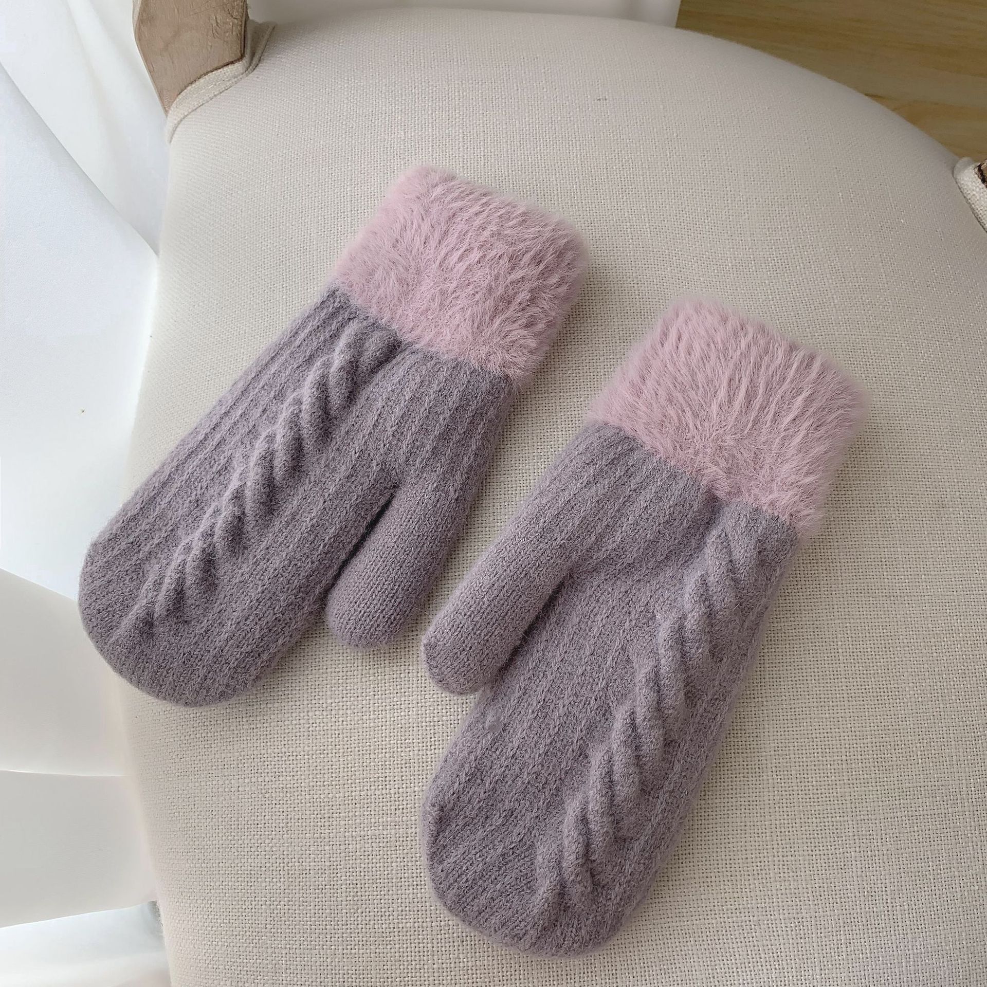 Luvas de tricô grossas femininas para inverno, luvas de lã de ciclismo com dedos inteiros, estilo japonês fofas, adoráveis: purple