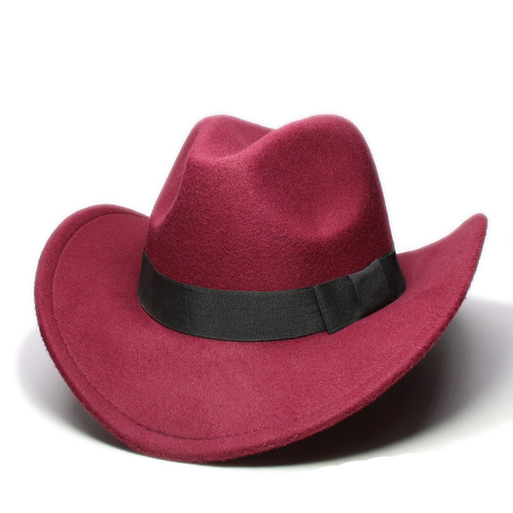 Retro Parent-child Women Men /Kid Wool Wide Brim Cowboy Western Hat Cowgirl Bowler Cap Black Bow Bowknot Ribbon Band (57//54cm): Wine / Adult Size 57cm
