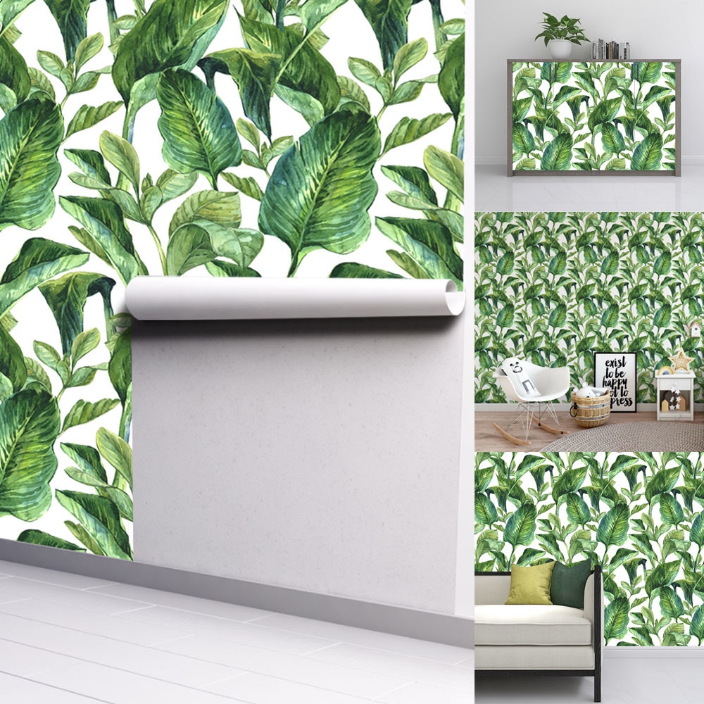 45*300cm tropisk jungle selvklæbende tapet grønne blade fugle dyreprint blomster botaniske farverige fliser wallsticker