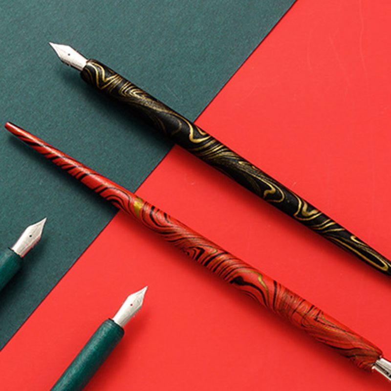 Marble Wood Manga Calligraphy Dip Pen Holder with 6 Nibs for Lettering Skiching