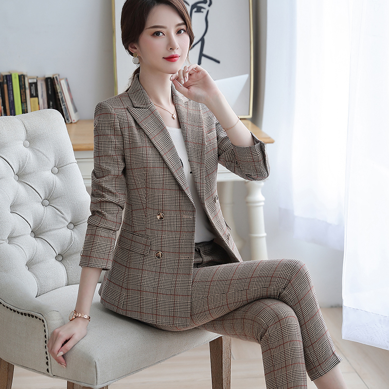 Lenshin 2 pièces ensemble Plaid formel pantalon costume Blazer bureau dame conçoit des femmes veste souple et cheville longueur pantalon