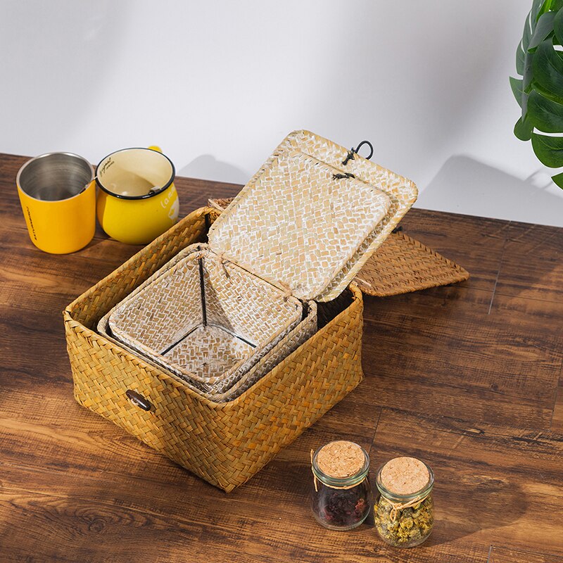 Seagrass Storage Box with Lids Rattan Storage Baskets Handwoven Makeup Jewelry Wicker Boxes for Home Office Organizer