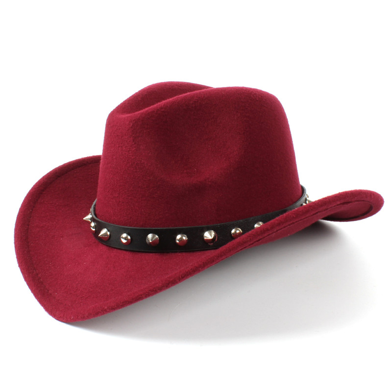 Damer uldfilt vestlig cowboyhue med sammenrullet bred kant gentleman lady jazz cowgirl punk nittebælte sombrero caps  c18: Rødvin