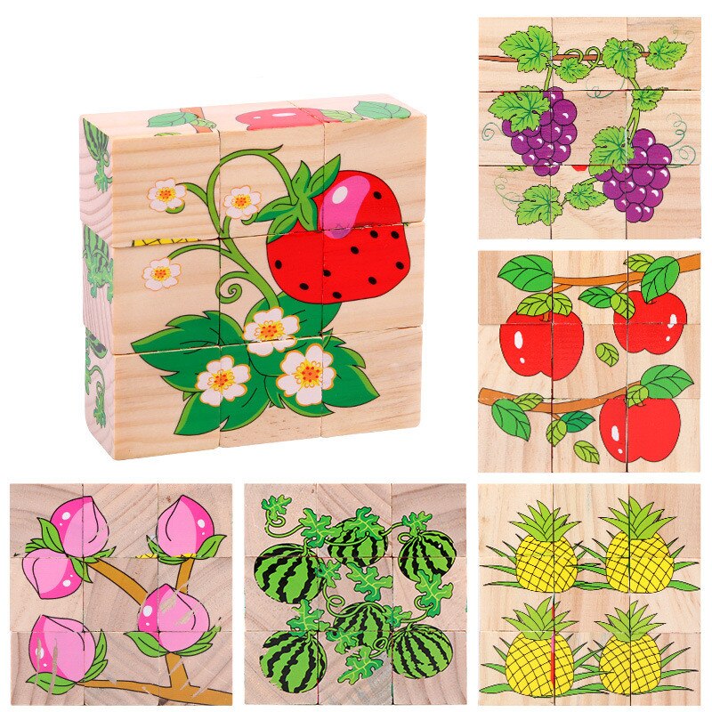 Baby Houten Blok Speelgoed Kinderen Zes Side 3D Cube Jigsaw Games Animal Fruit Verkeer Cognize Vroeg Leren Educatief Speelgoed: Fruit