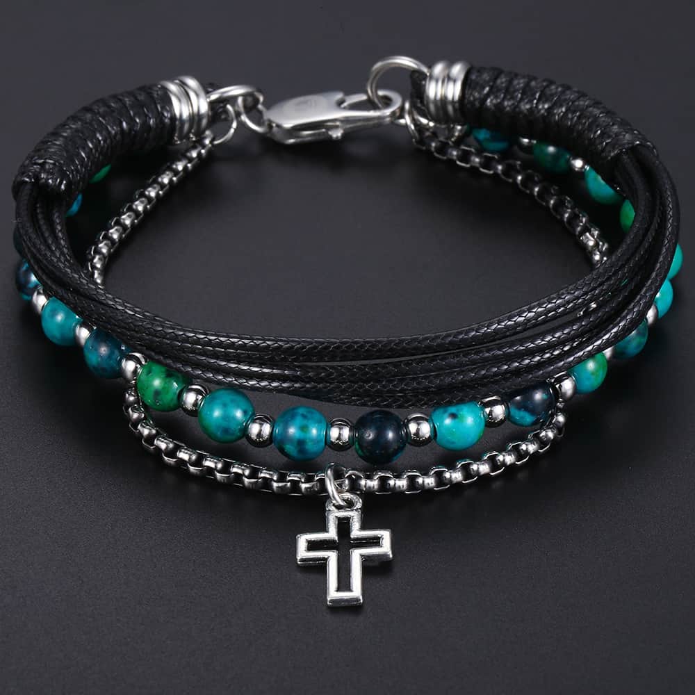 Trendsmax läderarmband för män pärlkedja rostfritt stål grönt kors charm box länk kedja herr smycken kdlb 72
