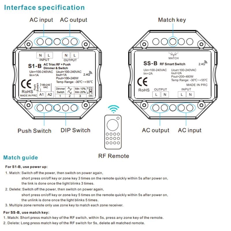 Ac rf triac dimmer draadloze led-lamp dimbare drukschakelaar voor enkelkleurige lamp