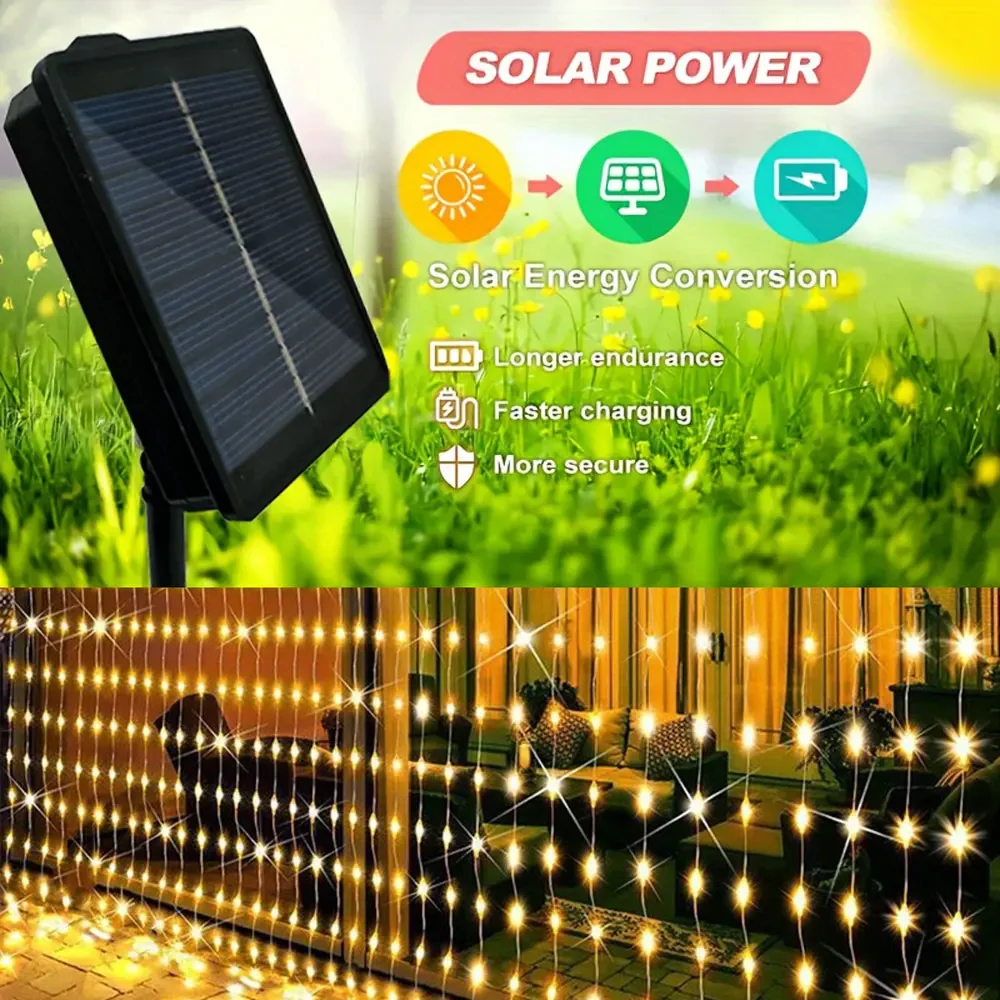 3x3M 300Leds Solar Curtain String Lights Outdoor Waterproof Garden Decoration Fairy Garland 8 Lighting Modes Wedding Lighting