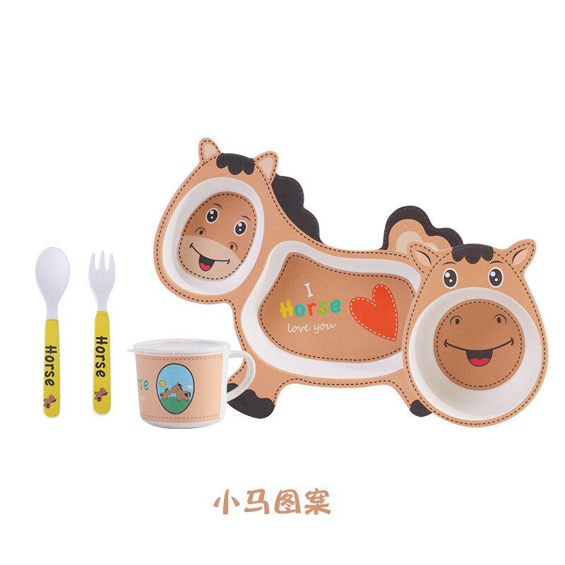 Baby Servies Mooie Cartoon Kinderen Voeden Gerechten Kids Schotel Bamboevezel Servies Set Met Kom Vork Cup Lepel Plaat 5 stuks: Horse Set