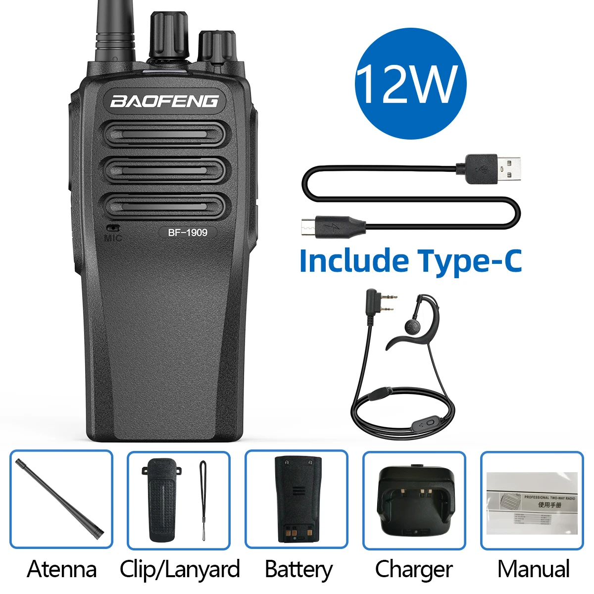 BaoFeng BF 1909 12W High Power Walkie Talkie Long Range Two Way Radio Type C Charging Transmitter Upgrade BF 888S UV 5R UV 82: black / EU