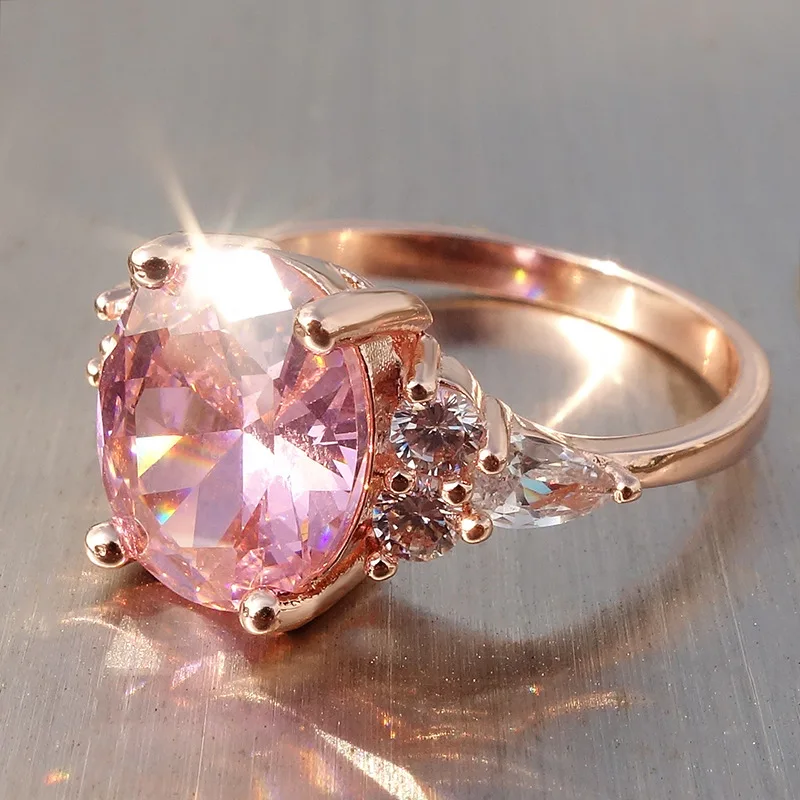 Anillo de circón rosa de piedra ovalada grande, anillos de compromiso de cristal de lujo para mujer, joyería de boda de Color plata y oro rosa Vintage