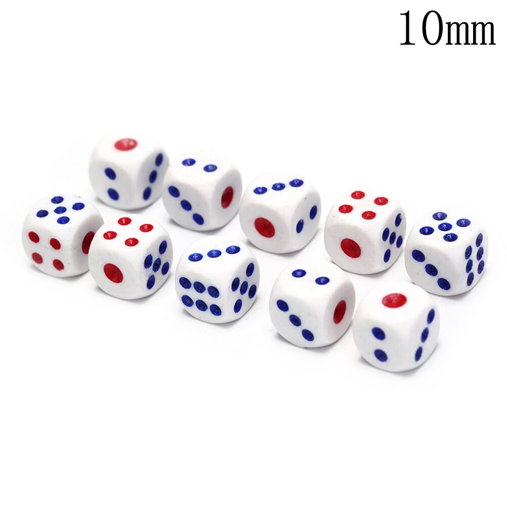 100pcs 10mm Gambling Game Dice White with blue and red dotd Six Sided Spot Dices Poker Chips for ktv pub party