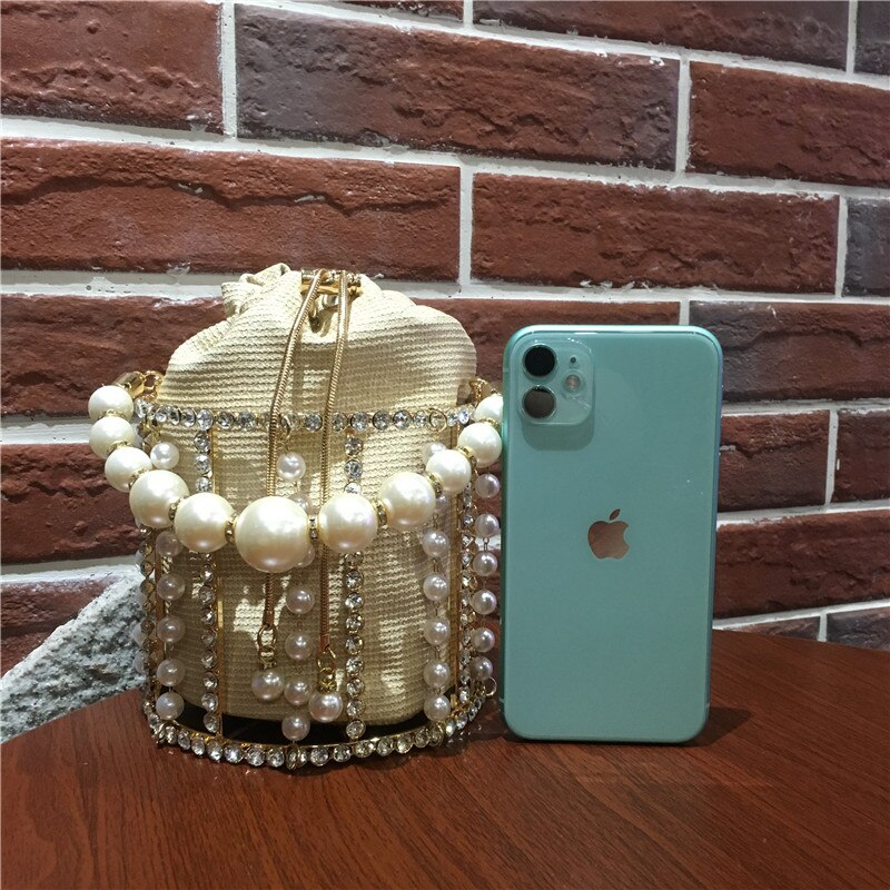 INS Pearls Metallic Cage Evening Clutch Bag Women Hollow Out Bucket Bag Acrylic Chain Handbag Bridal Beaded Shoulder Bag