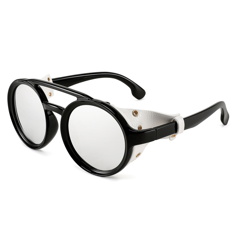 Cool&Ku Retro Round Steampunk Sunglasses Women Men Vintage Eyewear Light Plastic Frame with Leatherwear: black