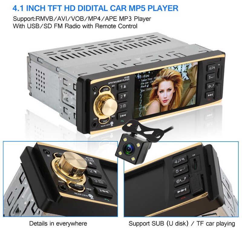 4,1 pulgadas HD 1 Din coche Radio 4019B de Control de volante USB AUX FM Control remoto más Bluetooth 12V Audio estéreo
