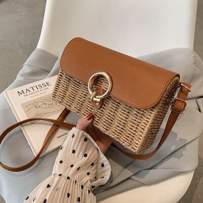 Summer Rattan Wicker Weave Shoulder Bag Straw Beach Women's Bag Small Crossbody Bags Women Handbag: coffee