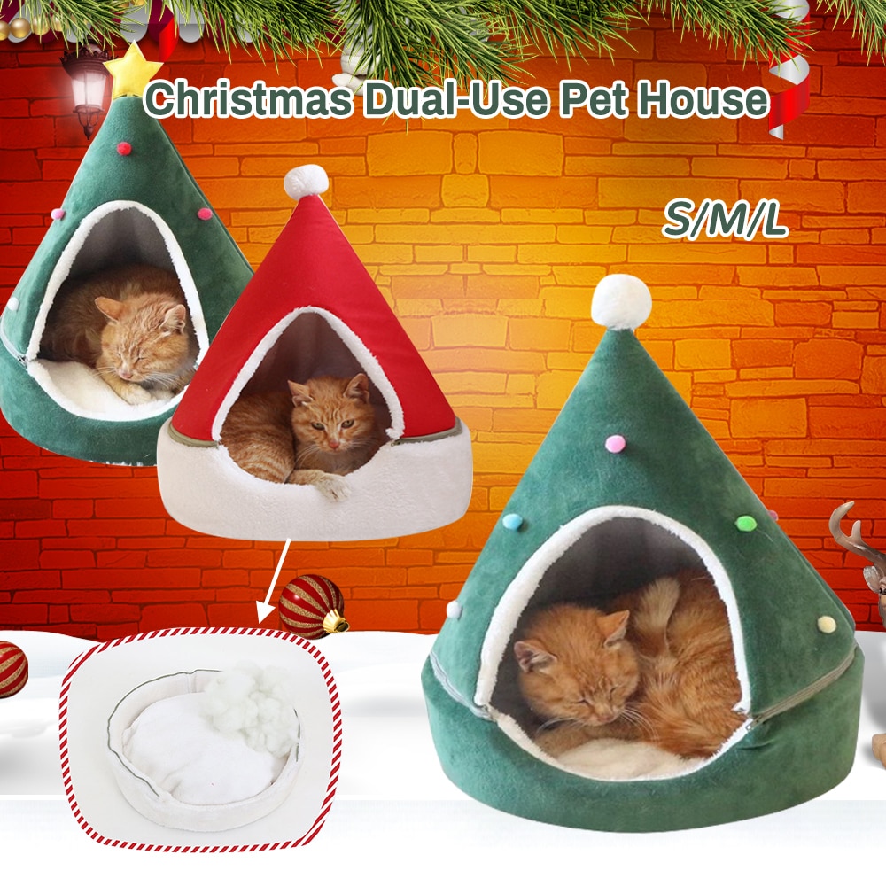 Julehund katteseng hus juletræ form kæledyr kat hus hjem varm soveseng år indretning hund kat blød varm rede seng