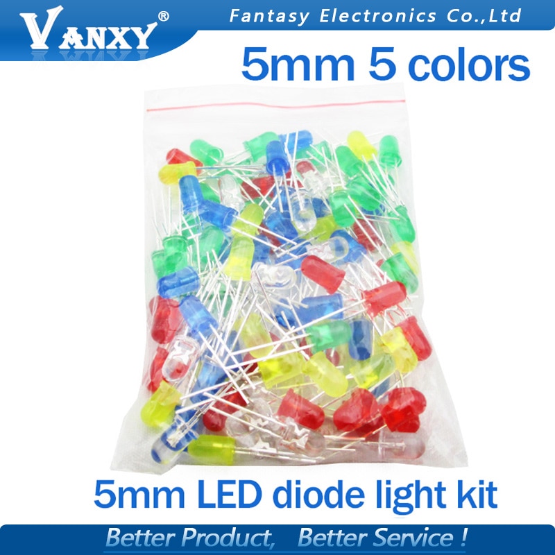 5 farver *20 stk = 100 stk 5mm led diode lys diverse sæt grøn blå hvid gul rød komponent diy kit original