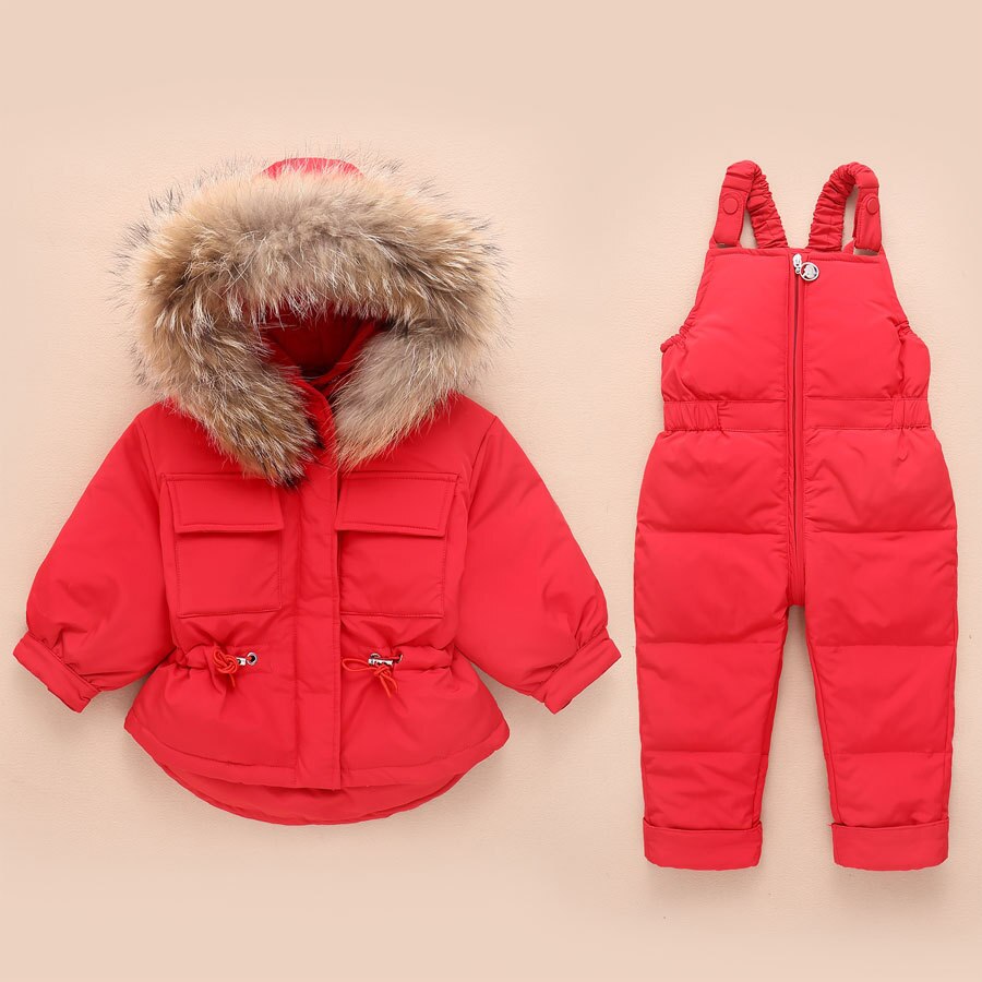 2Pcs Children Clothes Sets Baby Girls Boys Winter Fur Hooded Jacket+Romper Overalls Suit for Baby Thicken Ski Snow Warm Clothing