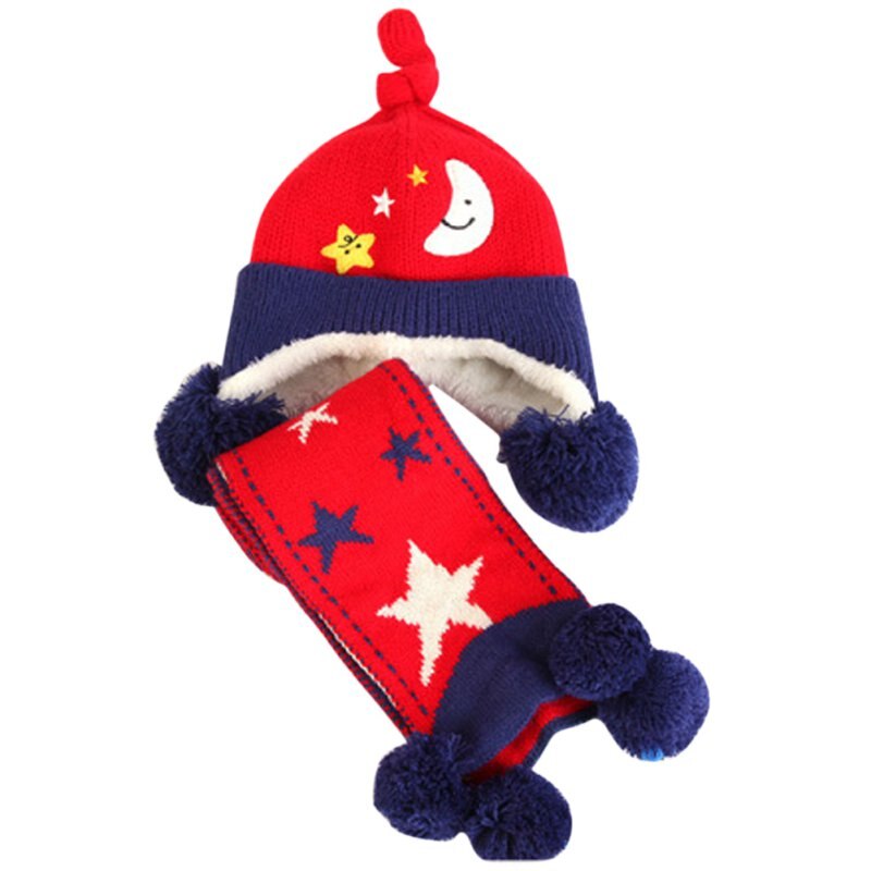 Smartbabyme 2PCs Autumn Winter Baby Hats Scarf Sets Toddler Kids Winter Scarf Hat Set Wool Knitted Crochet Earflap Cap + Scarf: R