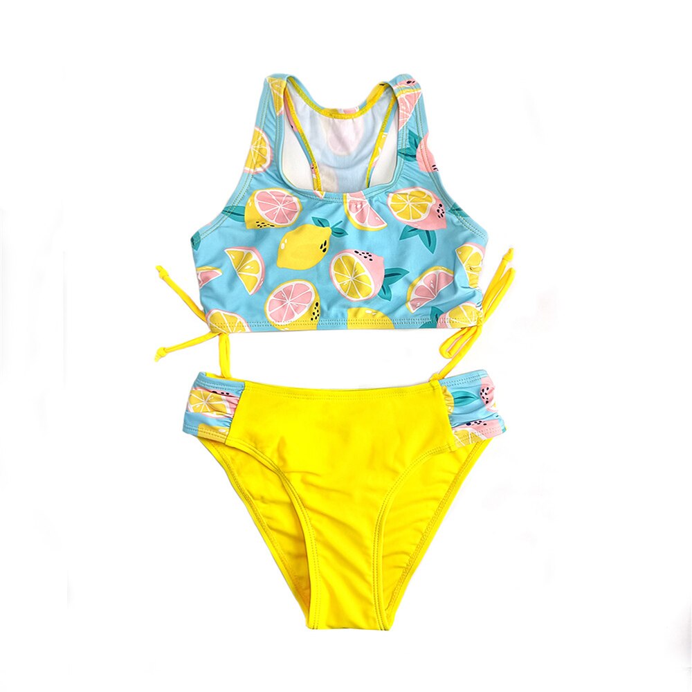 SHEKINI Girls Racerback Print Swimwear Ruched Tie Side Teenage Girls Bikini Set Bathing Suit Two Piece Swimsuits Teen Beachwear: Lemon Yellow-NM / 10-12