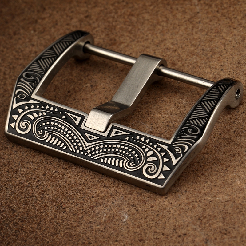 Tilpasning bande biao kou udskåret inskription sort læder spænde 20 22 24 26mm maya rustfrit stål spænde
