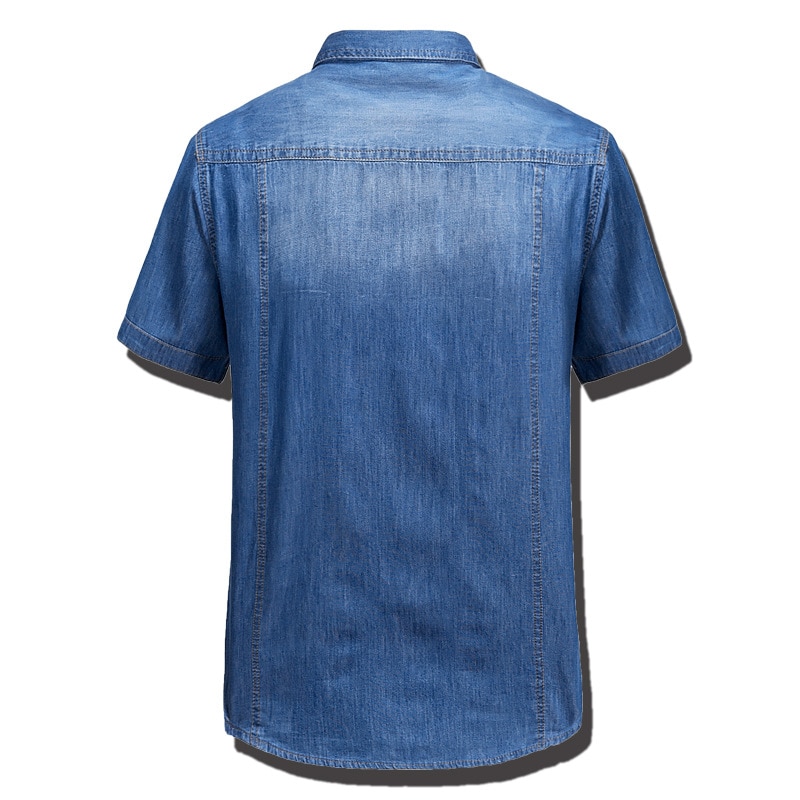 Sommar jeansskjortor för män vattentvätt bomullsmärke kortärmad blå ficka märkeskläder mans slim fit jeanskläder