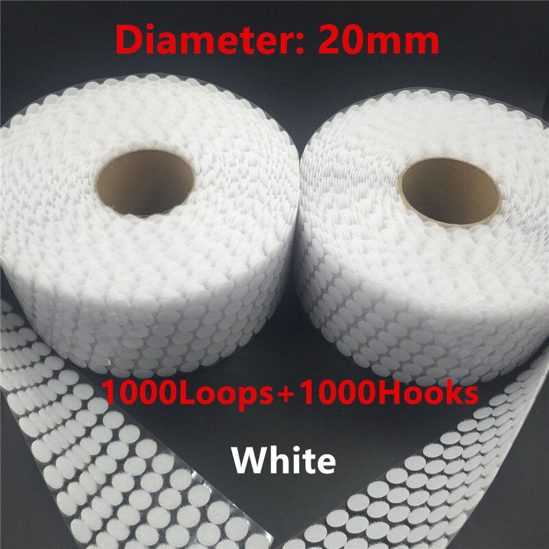 1000 par krog og løkke tape nylon rund prik klistermærker stof klæbebånd stærk lim på tape fastgørelse: Hvid 20mm 1000 stk