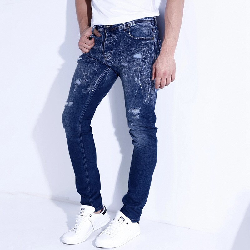 Nuevos y elegantes pantalones vaqueros entallados con estampado rasgado, sencillos y casuales, pantalones azules y negros para hombre