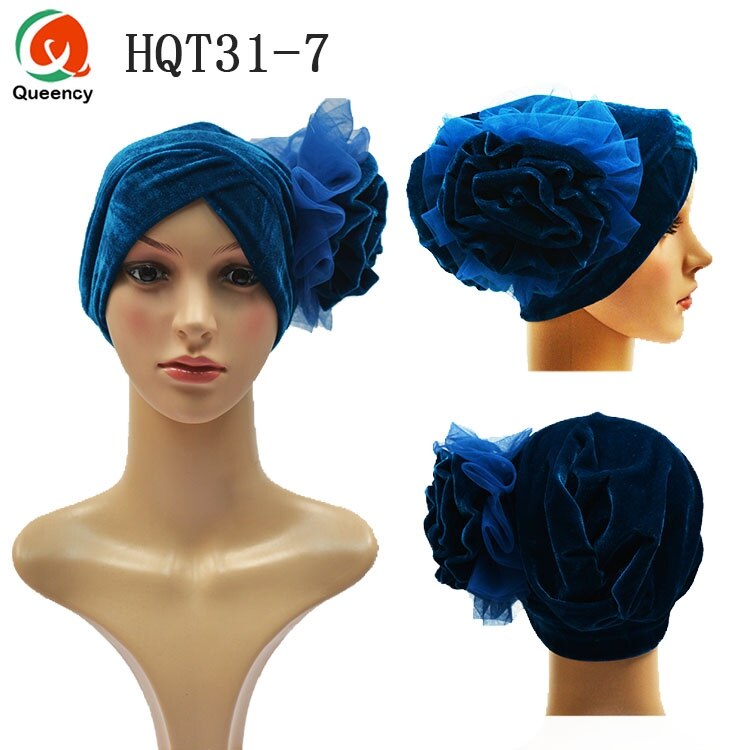 HQT31 Turban Nigeria cravate dames velours Tuban Gele casque musulman arabe Bonnet fleur chapeau pour mariage et fête: teal