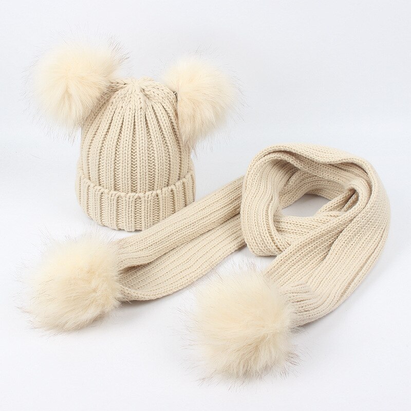 Conjunto de bufanda y gorro para niños y niñas, doble pompón de piel sintética, cálido, tejido, largo, Invierno: beige