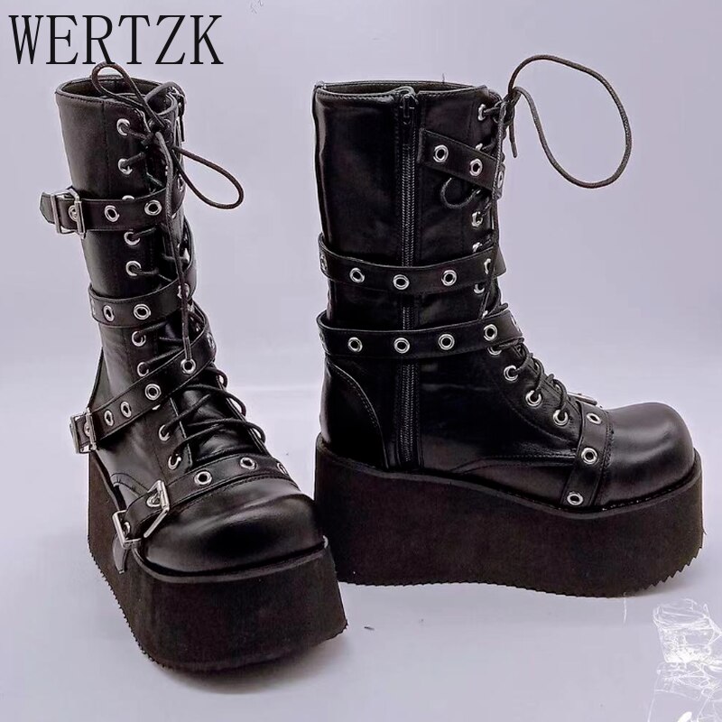 Botas de cuña con plataforma para mujer, zapatos femeninos de estilo gótico, Punk, con correa de hebilla, a la , con cordones, de de , para Otoño e Invierno