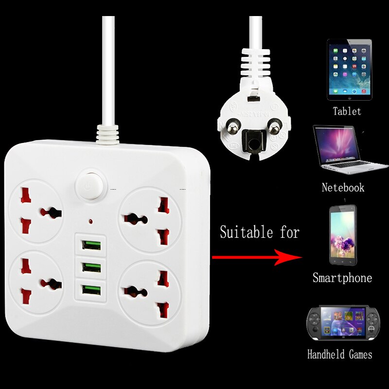 Smart Usb Power Strip Socket Eu Plug Adapter 4 Outlet 3 Port Usb Charger Stopcontact-2 M Power cord Wall Charger Adapter