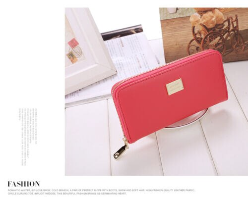 femmes en cuir portefeuille dame carte porte-monnaie longue sac à main pochette sac à glissière: Rose red