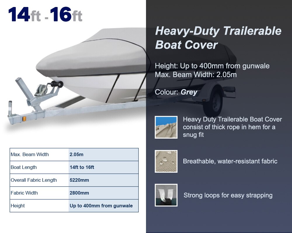 Economy 12ft-22ft Trailerable Boat-Cover Marine-Grade Heavy-Duty Oceansouth Water Sun proof UV Protection Ski-boat Mooring Cover: 14ft - 16ft Grey