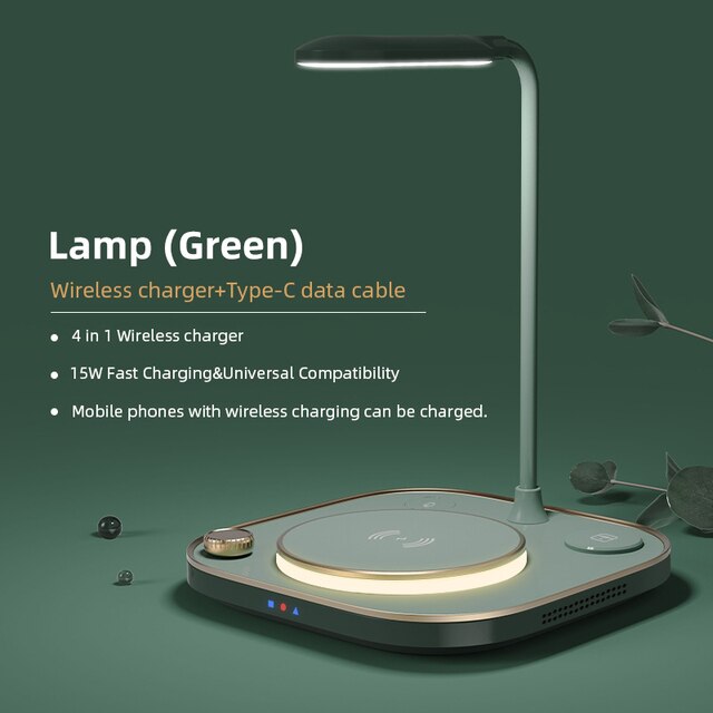 Lámpara de escritorio LED de 15W, cargador inalámbrico para iPhone 13, Samsung, base de carga inalámbrica rápida para Apple Watch, Airpods, estación de carga,: Green Desk Lamp