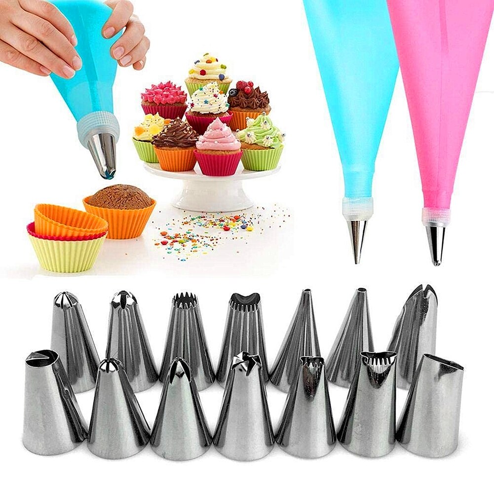 16 Pcs/Set Cake Making Tools Decorating Tip Sets Frosting Nozzles + Pastry Bags + Converter Coupler Cupcake Decorating Tools