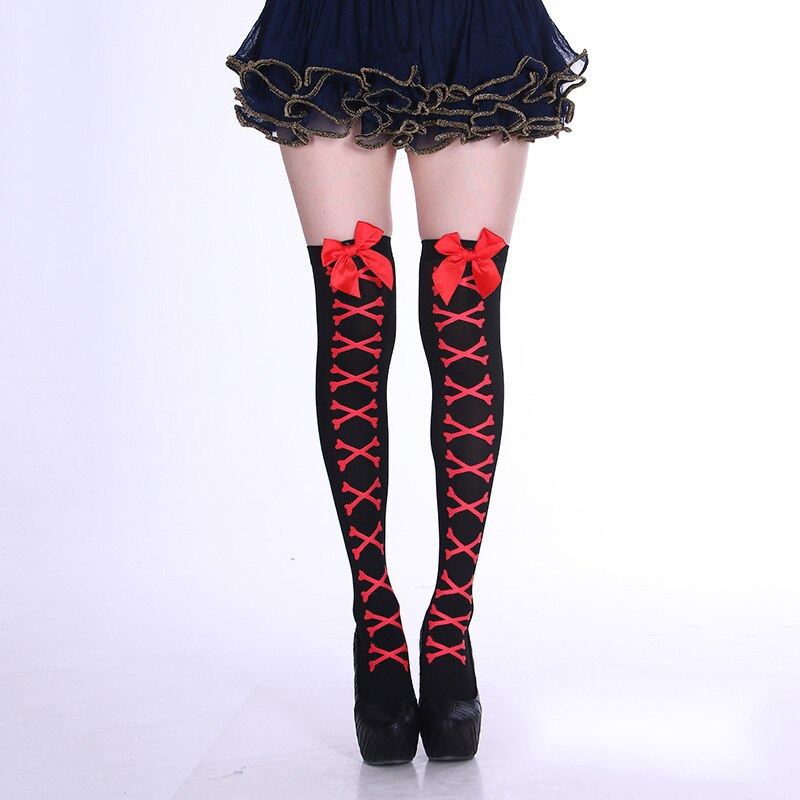 Chaussettes respirantes amusantes pour femmes, Cosplay Halloween, créativité japonaise, bas d&#39;infirmière des os, sang au dessus du genou, en Nylon et velours, Sukka: red bow
