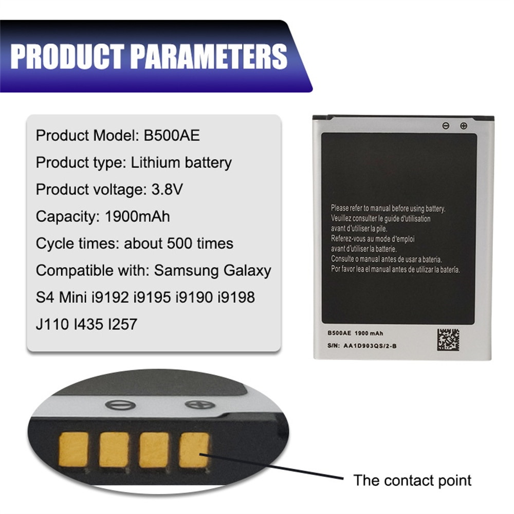 1PCS 1900mAh 3.8V Battery B500AE B500BE Phone Batteries for Samsung Galaxy S4 Mini GT-i9190 i9192 i9198 i9195
