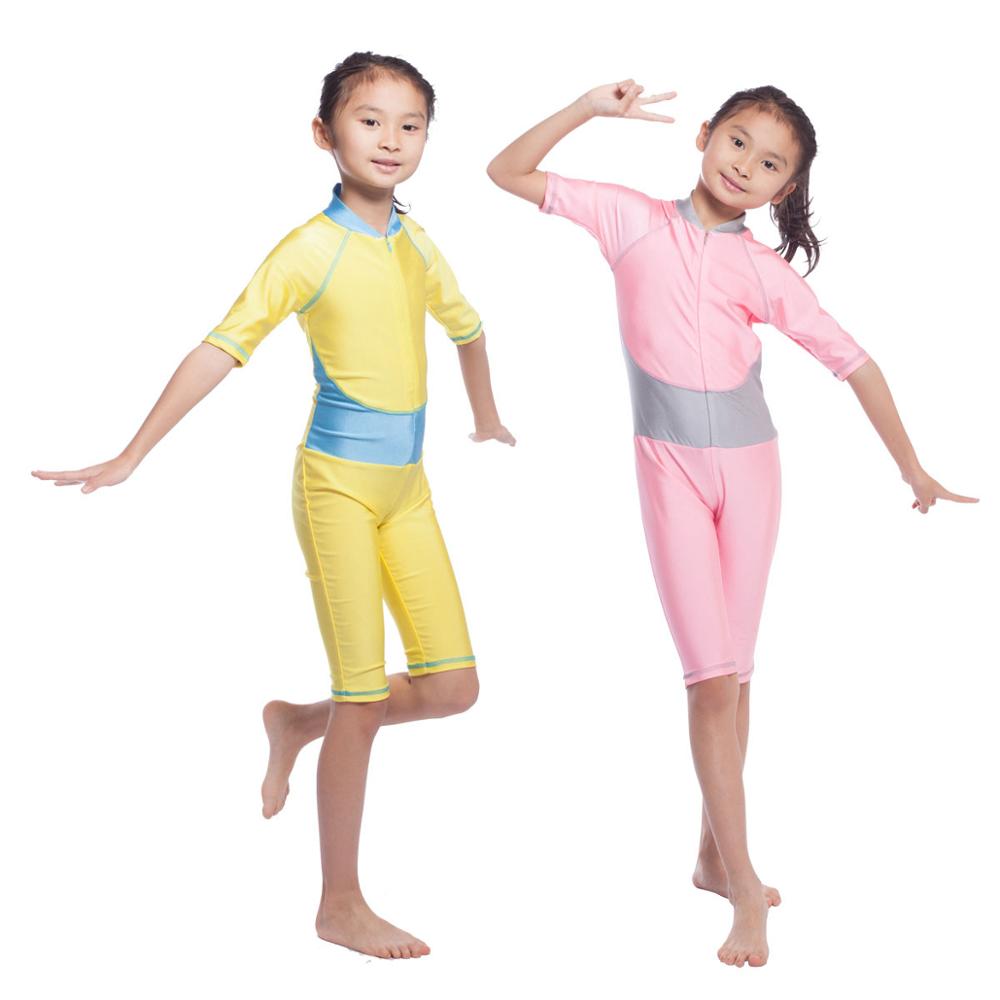 Children Girl's One Piece Muslim Swimwear Kids Girls Breathable Swimsuit Patchwork Beachwear With Zipper Bathing Suits XX-412