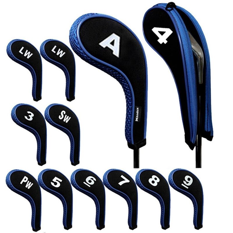 12 pçs profissional golf club cabeça de ferro capa ao ar livre portátil esportes golfe bolsa protetora: Azul