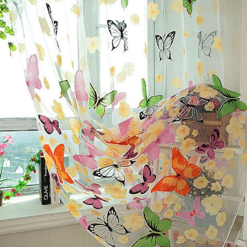 Europæisk stil sommerfugl ren voile gardin dør vinduespanel drapering rumdeler boligindretning