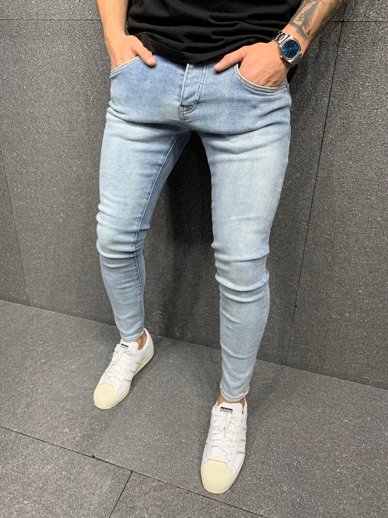 Men's Elastic Slim Jeans Casual Ripped Skinny Trousers Street Clothing Denim Man Elastic Waist Slim Fit Denim Pants