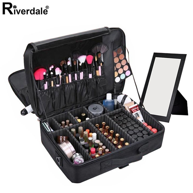 Vrouwen Professionele Nylon Make-Up Case Draagbare Reizen Schoonheidsspecialist Case Cosmetische Organizer Case Box Met Spiegel Schoonheid Koffer