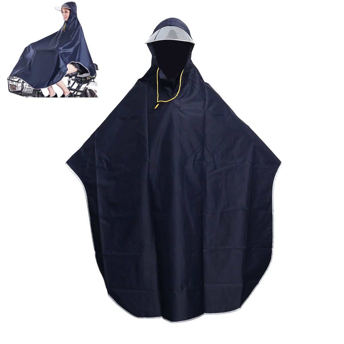 Mens Womens Cycling Bicycle Bike Raincoat Rain Cape Poncho Hooded Windproof Rain Coat Mobility Scooter Cover (Navy Blue)