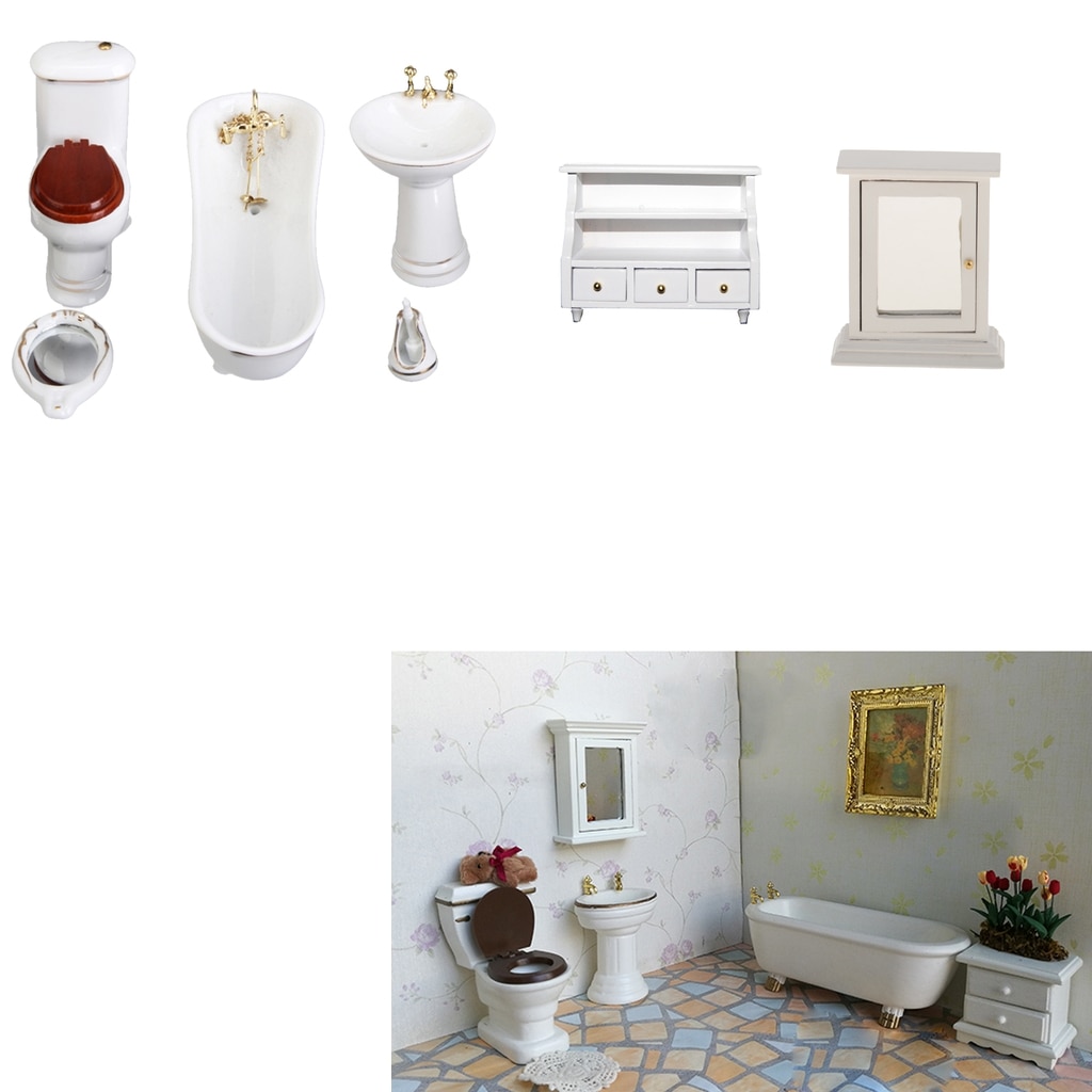 Dollhouse Bathroom Toilet Basin Brush Stand Mirror Box Cabinet Set for 1/12 Scale