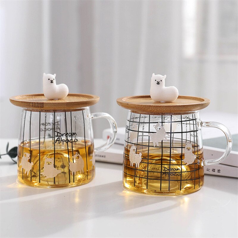 Nordic cute 3d alpaca glass mug with bamboo lock heat resistant transparent office milk coffee tea breakfast cup drinkware