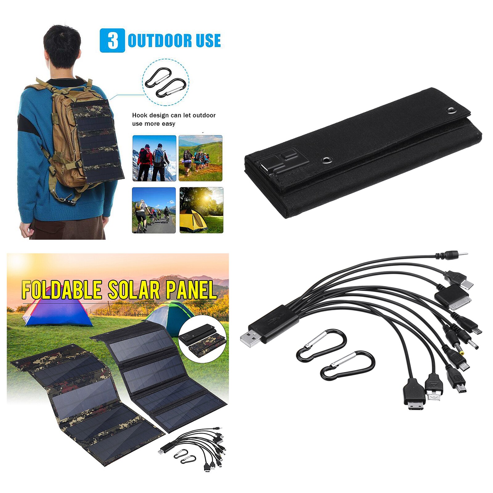 Alfombra Solar Flexible, manta plegable, Kit de Panel Solar, estación de energía, cargador de teléfono móvil, incluye ganchos de suspensión y 10 puertos USB: Negro