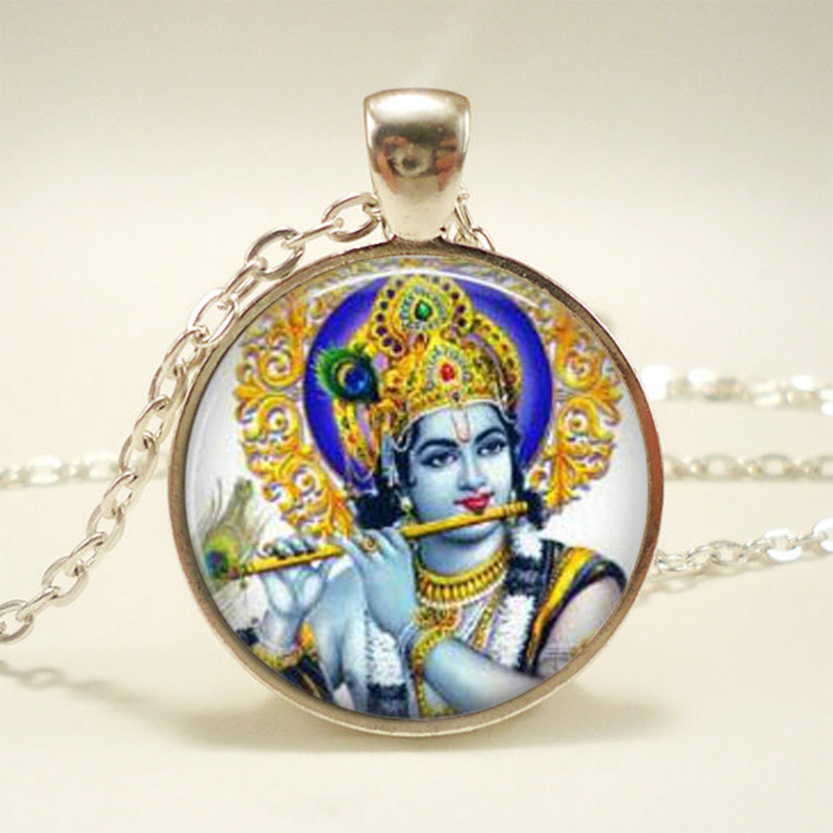 Krishna and Radha Amulet Necklace Glass Cabochon Jewelry Silver Chain Lakshmi Pendant Hinduism Shiva Necklace for Women: 8