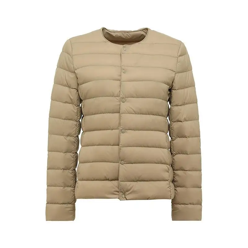 Dam vårjacka koreansk slim fit varm fodrad dunjacka ultralätt kragelös dam 90%  vit anddunsparka: Xl / Kaki