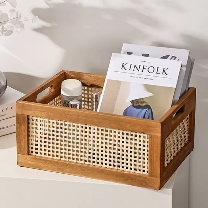 Retro Opbevaringskasse i Massivt Træ - Rattan Kurv til Bøger, Snacks, Kosmetik - Organizer til Hjem, Badeværelse, Køkken